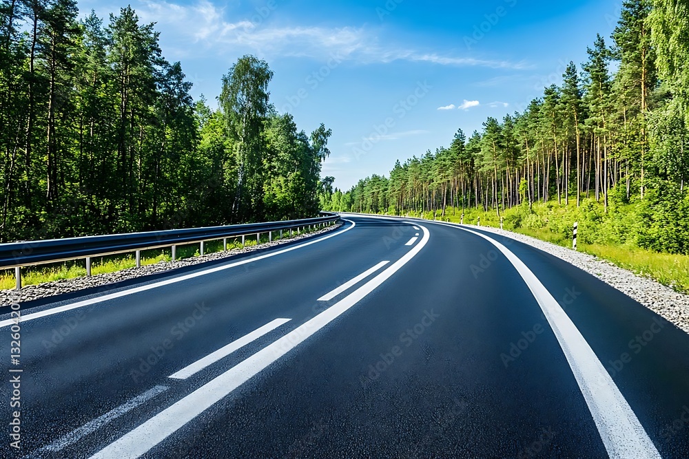 Wide-angle highway view with black guardrail, white markings, and summer forest scenery under a clear blue sky; close-up real photography style. Wide-angle highway view with black guardrail, white markings, and summer forest scenery under a clear blue sky; close-up real photography style.