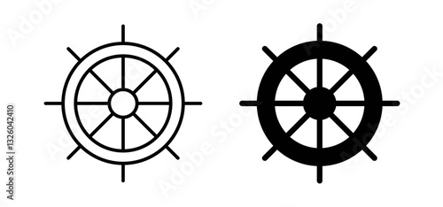 Dharmachakra vector icon set black filled and outlined style.