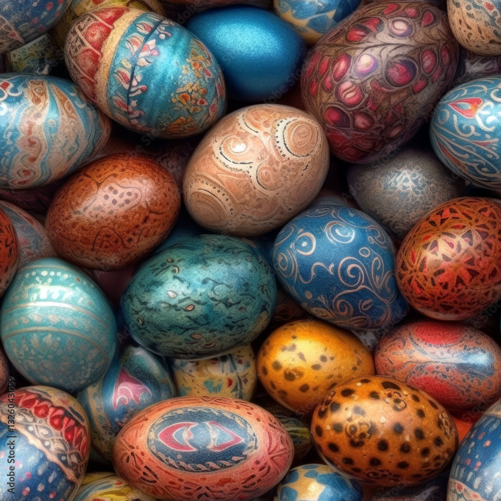 Colorful painted easter eggs as a background, close-up seamless repeating design Colorful painted easter eggs as a background, close-up seamless repeating design