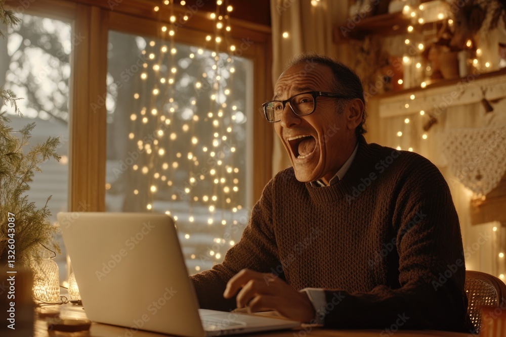 Senior Latina Man Enjoying a Joyful Moment While Using a Laptop at Home Surrounded by Festive Decorations in the Evening Light Senior Latina Man Enjoying a Joyful Moment While Using a Laptop at Home Surrounded by Festive Decorations in the Evening Light