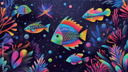 A digital illustration depicting a stylized underwater scene. The background is a deep blue, contrasted by brightly colored fish and coral. The fish are depicted in a geometric, almost mosaic-like