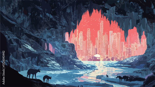 Digital painting depicting a fantastical landscape. The scene is dominated by a large cave opening, revealing a city built from glowing pink crystal structures. The cave walls are dark blue and