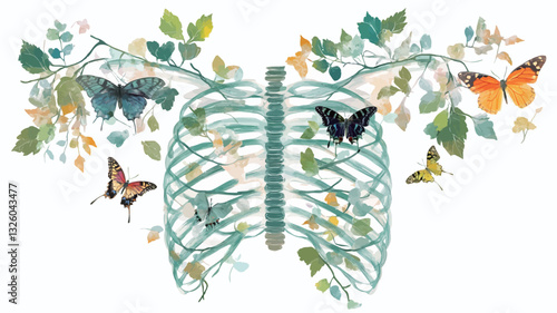A stylized illustration depicting a human ribcage rendered in teal-green hues.  The ribcage is adorned with vibrant green leaves and branches emanating from it, interspersed with several