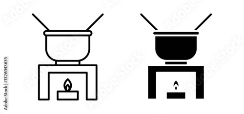 Fondue pot vector icon set black filled and outlined style.