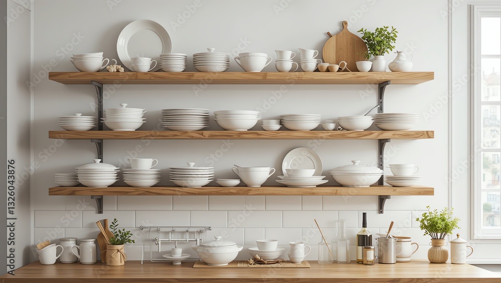 Stylish kitchen display of white tableware. Stylish kitchen display of white tableware.