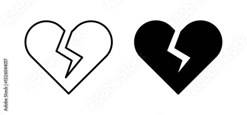 Heart Crack vector icon set black filled and outlined style.