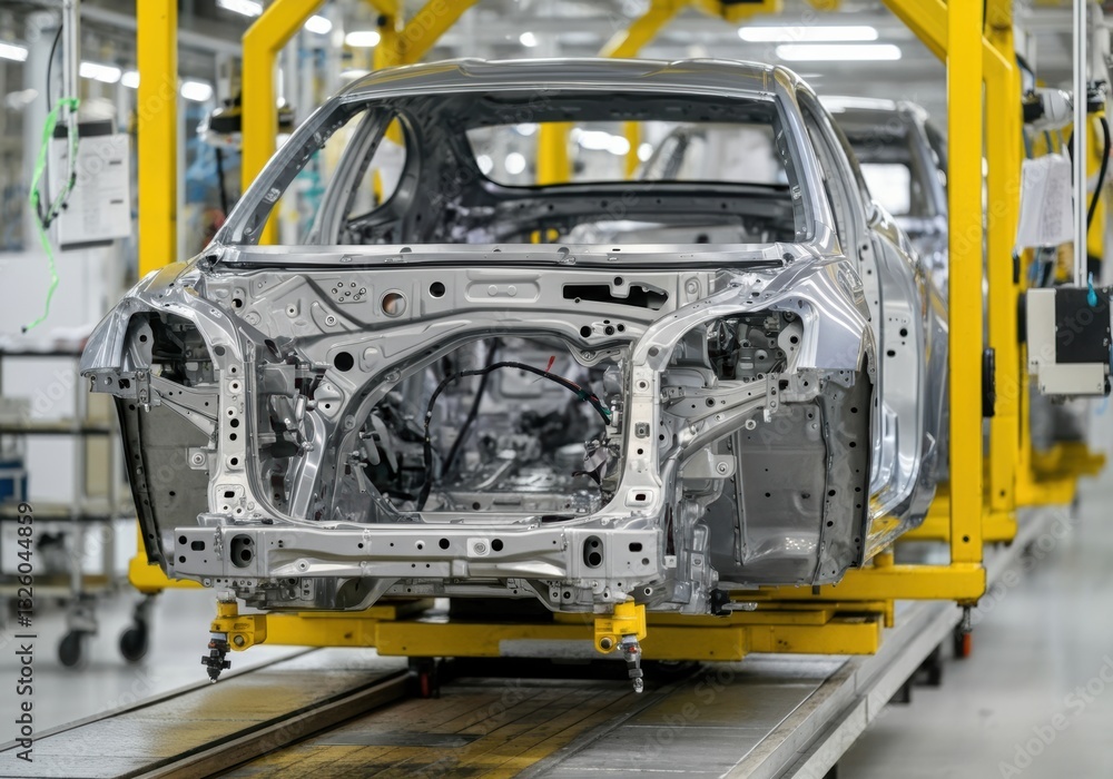 Fototapeta premium Car chassis on assembly line in a modern automotive manufacturing facility