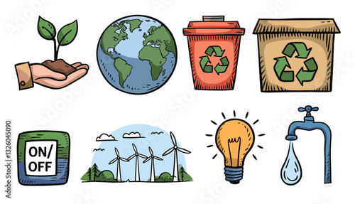 Eco-friendly symbols and icons about environment, nature, and recycling concept
