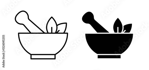 Mortar pestle vector icon set black filled and outlined style.