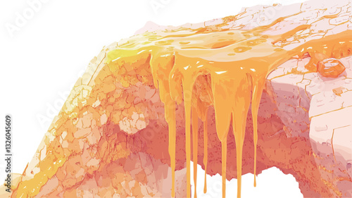Close-up view of an abstract image depicting a viscous, orange liquid flowing and dripping down a textured, pale orange surface. The liquid has a glossy appearance with varying degrees of