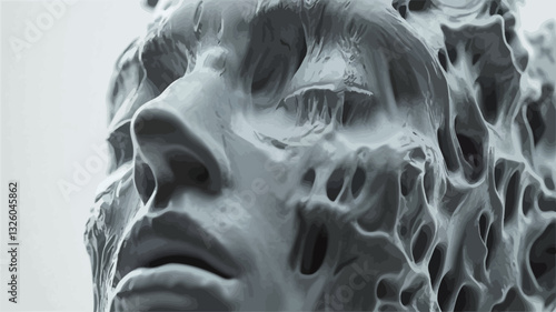 Close-up view of a monochrome, three-dimensional digital rendering of a sculpted human face.  The face exhibits a decaying or eroded texture, with a surface that appears fragmented and irregular.