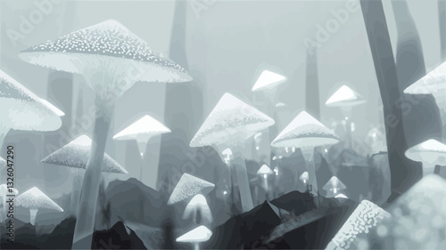 The image is a close-up, monochrome photograph of a dense cluster of mushrooms. The mushrooms are predominantly white or light gray, with varying shades and textures visible.  They appear to be