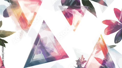 The image is a digital illustration featuring a repeating pattern of overlapping white triangles.  Inside each triangle are semi-transparent, painterly renderings of flowers and leaves in various