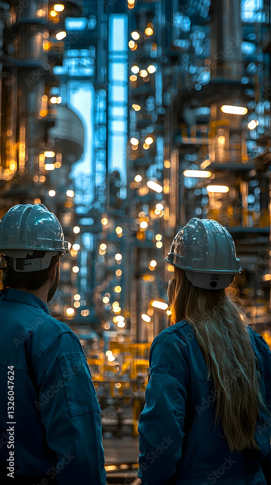 Industrial Workers Observe Complex Refinery Machinery and Illuminating Lights in a Bokeh Background Industrial Workers Observe Complex Refinery Machinery and Illuminating Lights in a Bokeh Background