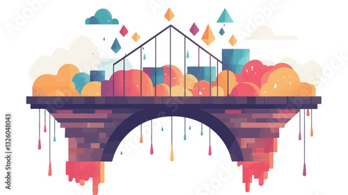 A digitally created illustration depicting a stylized bridge. The bridge is rendered in a flat style with a muted brown stone texture, contrasting with the brightly colored buildings and cloud