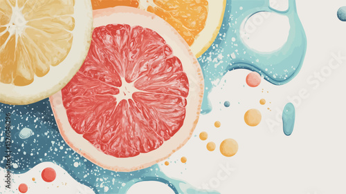 Close-up, high-angle shot of cross-sections of lemon, orange, and grapefruit slices. The citrus fruits are vibrant and juicy, displaying their natural colors.  A stylized, abstract splash of blue,