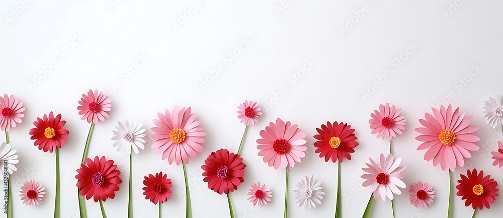 Obraz premium A vibrant border of 3D pink and red paper daisy flowers against a clean white background, perfect for spring-themed designs and cheerful decorations.