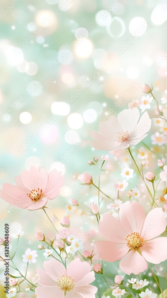Romantic floral artwork with soft pink and white blossoms against a dreamy green and gold bokeh background. A delicate and elegant nature-inspired design perfect for decorative and artistic uses. Romantic floral artwork with soft pink and white blossoms against a dreamy green and gold bokeh background. A delicate and elegant nature-inspired design perfect for decorative and artistic uses.
