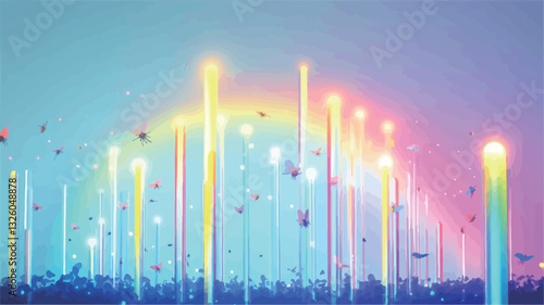 The image depicts a digital rendering of numerous vertical, brightly colored light pillars against a soft, pastel background. The pillars vary in height and intensity, exhibiting a gradient of