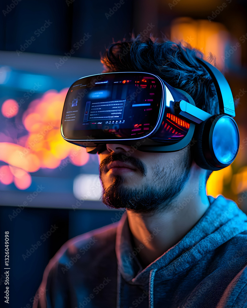 Immersive Virtual Reality Experience: Man Wearing Headset and Headphones, Engrossed in a Futuristic Digital Interface, Illuminated by Vibrant Neon Lights. Immersive Virtual Reality Experience: Man Wearing Headset and Headphones, Engrossed in a Futuristic Digital Interface, Illuminated by Vibrant Neon Lights.