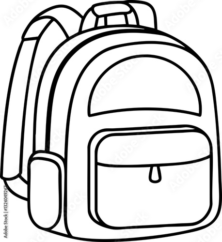 A simple, outlined illustration of a backpack featuring multiple compartments and straps, ideal for school or travel use.