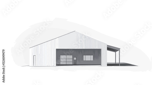 Grayscale architectural rendering depicting the side elevation of a modern barn-style building. The building features a pitched roof, a large garage door, smaller windows on either side of the