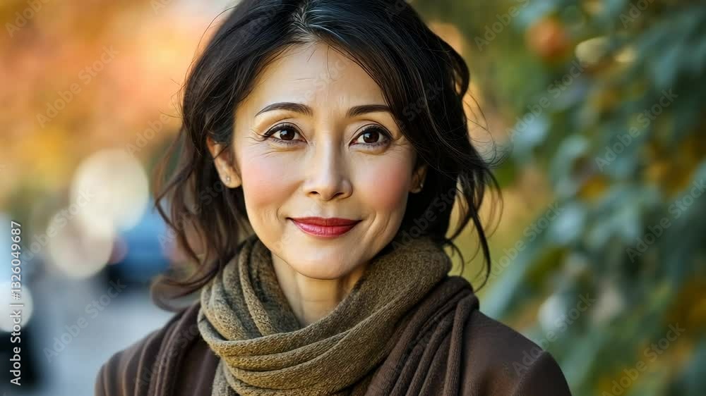 Woman smiling on autumn street with changing expressions and vibrant colors Woman smiling on autumn street with changing expressions and vibrant colors