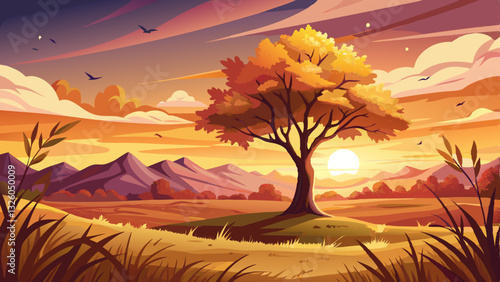 Serene landscape with a solitary tree on a grassy field under a golden sunset sky, showcasing autumn colors and providing a tranquil and picturesque natural scene.