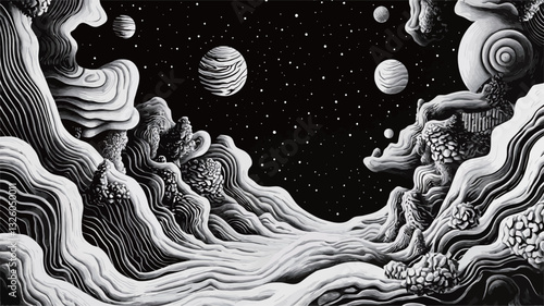 The image is a monochrome, abstract illustration depicting a landscape under a night sky.  The style is reminiscent of scratchboard or similar techniques, utilizing varying line weights and