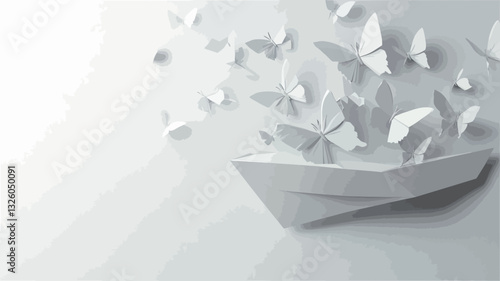 High-angle, close-up view of a white origami envelope with numerous small white paper butterflies emerging from it against a plain white background.  The butterflies are various sizes and