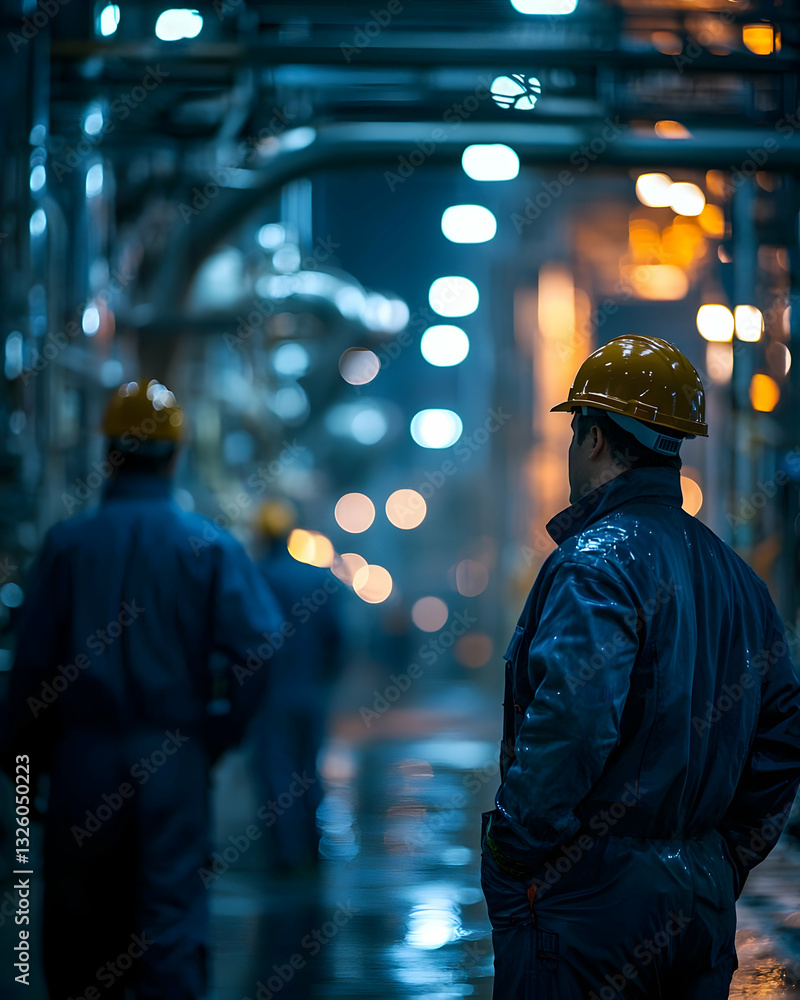 Industrial Worker in Protective Gear Stands in a Factory at Night with Bokeh Lights Industrial Worker in Protective Gear Stands in a Factory at Night with Bokeh Lights