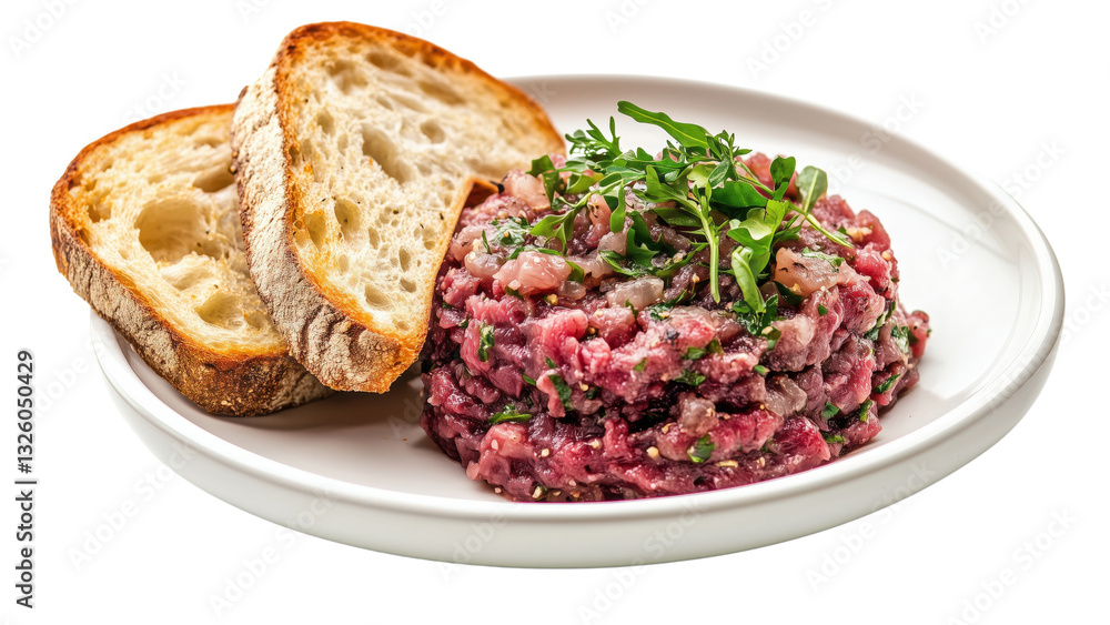 A beef steak tartare with a side of toasted bread A beef steak tartare with a side of toasted bread