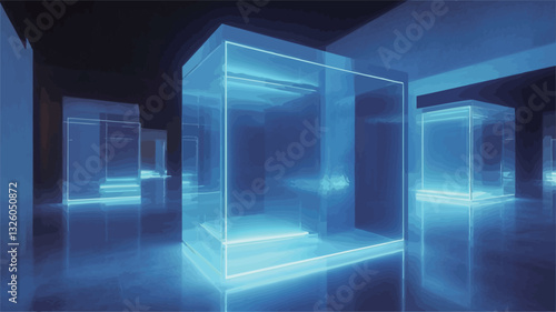 The image presents a 3D render of several translucent, blue glass cubes of varying sizes arranged in a seemingly infinite space.  The cubes are illuminated from within, emitting a bright, neon-blue