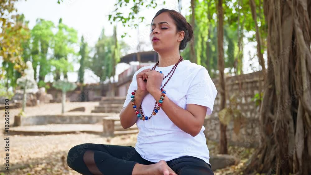 Spiritual lady meditates with eyes closed under tree Spiritual lady meditates with eyes closed under tree