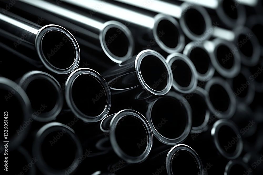 Close-up of glossy black metal pipes stacked against a black background, showcasing intricate details and cinematic lighting in a super-realistic, high-resolution industrial design concept. Close-up of glossy black metal pipes stacked against a black background, showcasing intricate details and cinematic lighting in a super-realistic, high-resolution industrial design concept.
