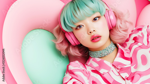 trendy young asian woman with colorful hair, girly headphones and futururistic fashion in pastel pink and green candy color