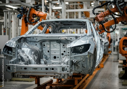 Robotic arms assembling a car frame in a modern manufacturing facility