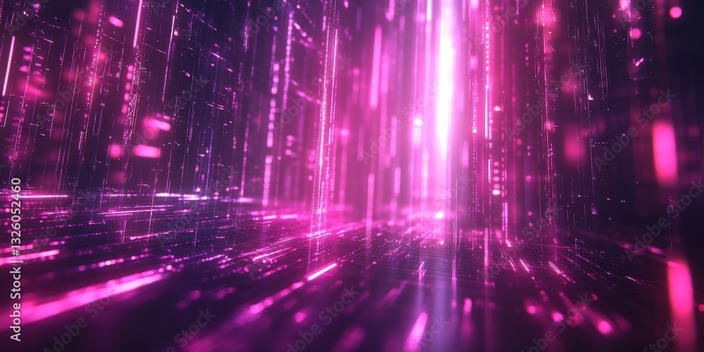 Obraz premium A vivid, futuristic 3D scene with swirling lines and dots on a dynamic pink-purple backdrop, evoking an abstract world