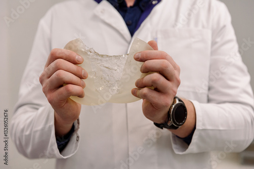 A plastic surgeon holds breast implants in his hands