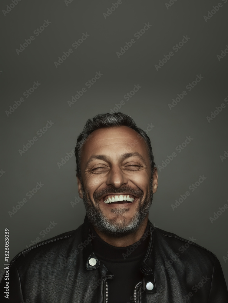 Obraz premium Middle-aged man with a confident smile, wearing a leather jacket, captured in a moody yet inviting studio portrait.