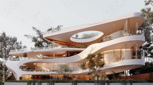 Modern Architectural Design with Curved Lines and Natural Elements