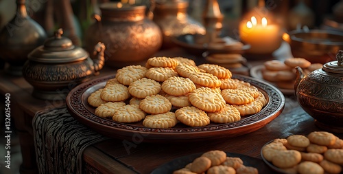 Golden Cookies with Decorative Metalware and Candlelight Ambiance photo