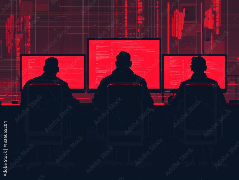cyber attack encryption exploit, Silhouetted figures at computers against a red digital backdrop, suggesting surveillance or cyber activity. cyber attack encryption exploit, Silhouetted figures at computers against a red digital backdrop, suggesting surveillance or cyber activity.