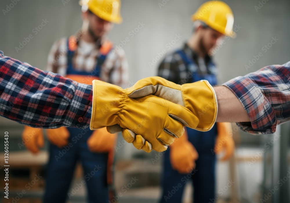 Construction workers shaking hands, symbolizing teamwork and collaboration Construction workers shaking hands, symbolizing teamwork and collaboration