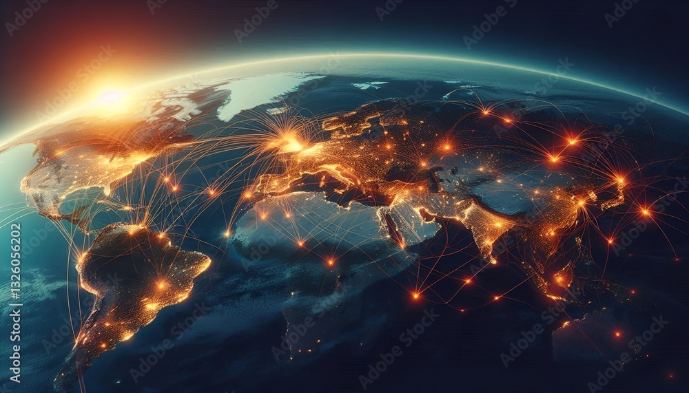 Global connectivity at dusk. Aerial world map with trade routes and communication network Global connectivity at dusk. Aerial world map with trade routes and communication network