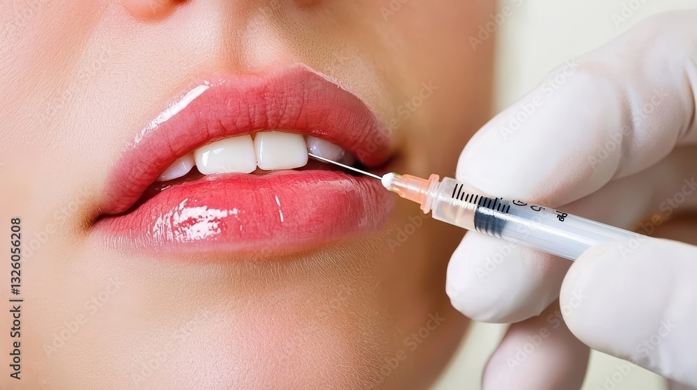 Close-Up of Lip Injection with Syringe and Glossy Lips Close-Up of Lip Injection with Syringe and Glossy Lips