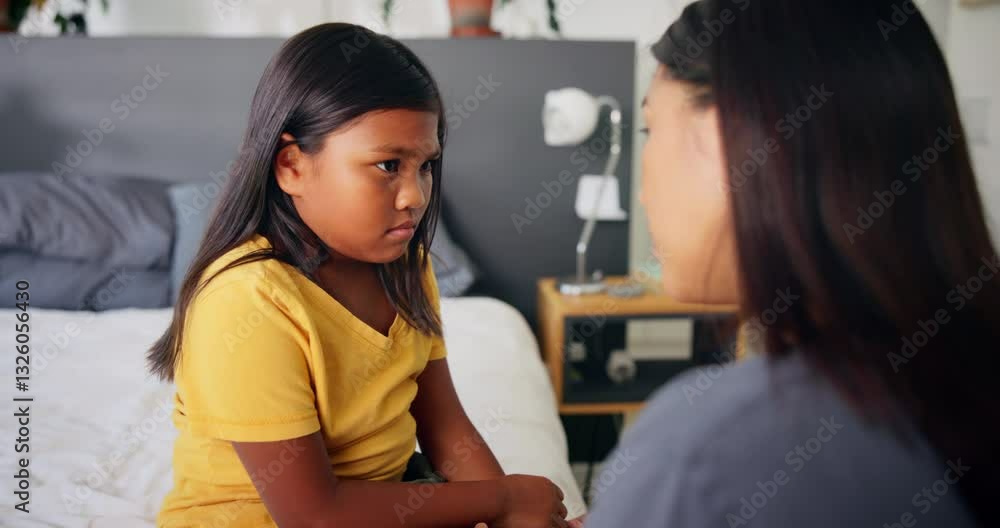 Support, love and mother with girl for advice, care and discipline of sad daughter in bedroom together. Trust, conversation and parent speaking to child with conflict, discussion or talking for fear Support, love and mother with girl for advice, care and discipline of sad daughter in bedroom together. Trust, conversation and parent speaking to child with conflict, discussion or talking for fear