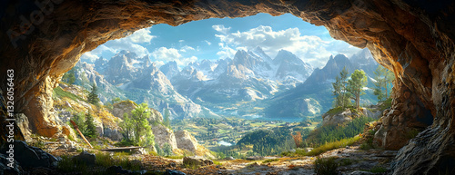 Digital Painting of a Cave Entrance Reveals Breathtaking Mountain Valley Landscape Under a Sunny Sky