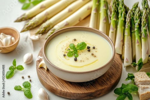 Creamy Asparagus Soup Garnished With Herbs and Accompanied by Fresh Asparagus and Garlic Cloves