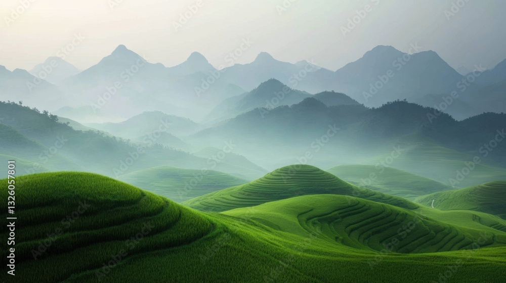 Fototapeta premium Serene Landscape of Lush Green Hills and Majestic Mountains Under a Soft Misty Sky at Dawn in Vibrant Nature Scene